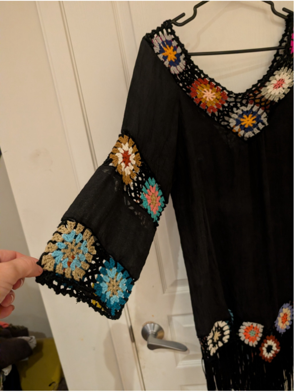 702 - ASHA Black Crochet Granny Square Fringe Boho Tunic Dress - Picture 3 of 10